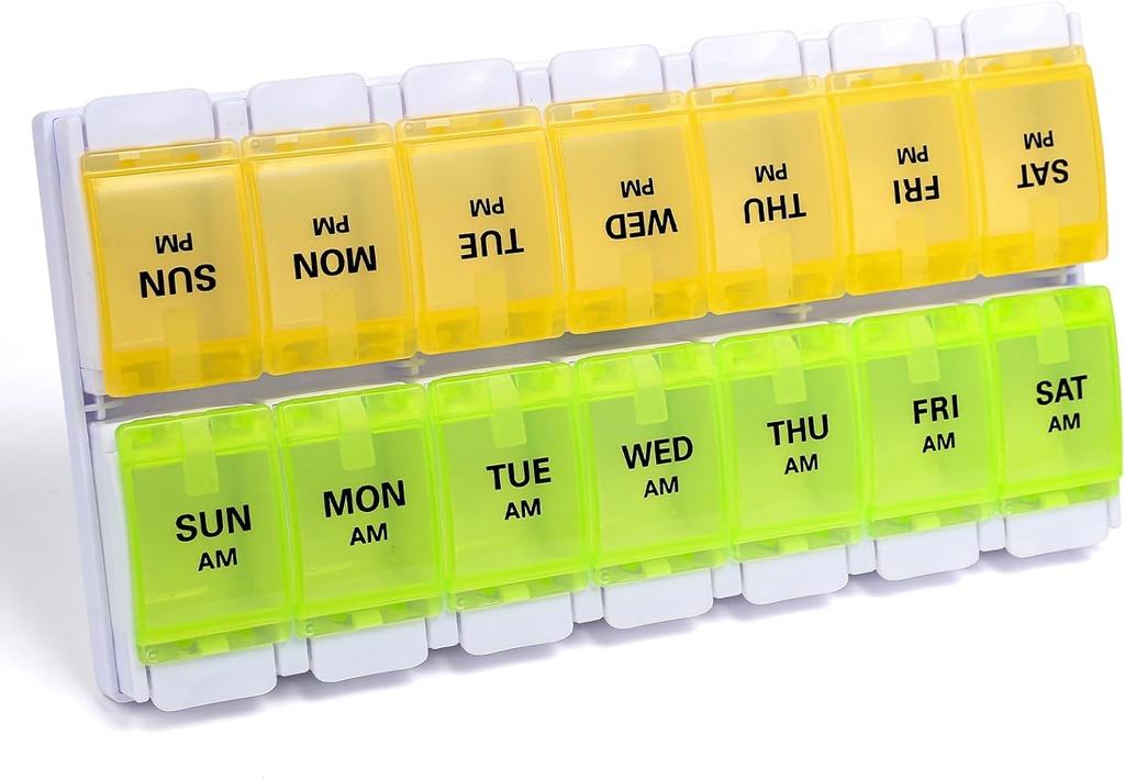 Sukuos AM PM Tedenski tablete Organizator 7 dan, 2 krat na dan tablete za uporabo v medicini škatla z enostavno push gumb, BPA brez vitaminov primerih za ribje olje/dodatki, enostavno za čiščenje (Yellow&Green)