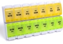 Sukuos AM PM Tedenski tablete Organizator 7 dan, 2 krat na dan tablete za uporabo v medicini škatla z enostavno push gumb, BPA brez vitaminov primerih za ribje olje/dodatki, enostavno za čiščenje (Yellow&Green)