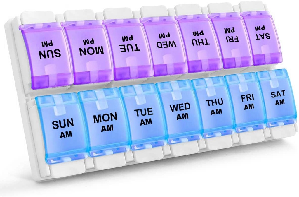 Sukuos AM PM Tedensko 7 dan tablete Organizator, 2 krat na dan tablete Škatla z artritisom Prijazno push gumb, Medicine Primeri za vitamine / ribje olje / Doplačila, Enostavno za čiščenje (Purple&Modra)