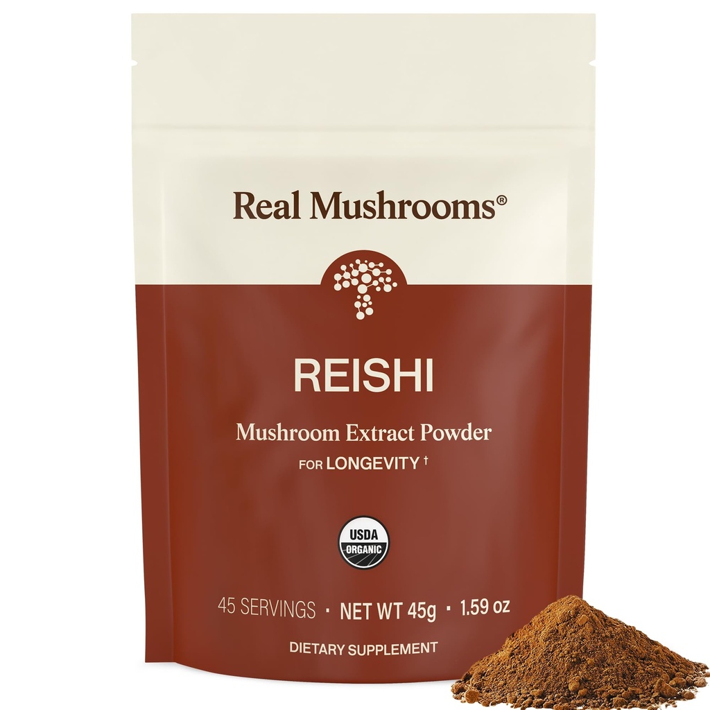 Prave gobe Reishi goba v prahu - ročno nabrani izvlečki organskih gob - rdeča Reishi za tranquil dnevno dobro počutje z preverjenimi beta glukani Vegan, Non-GMO, No Grain Fillers, 45 Strežnice