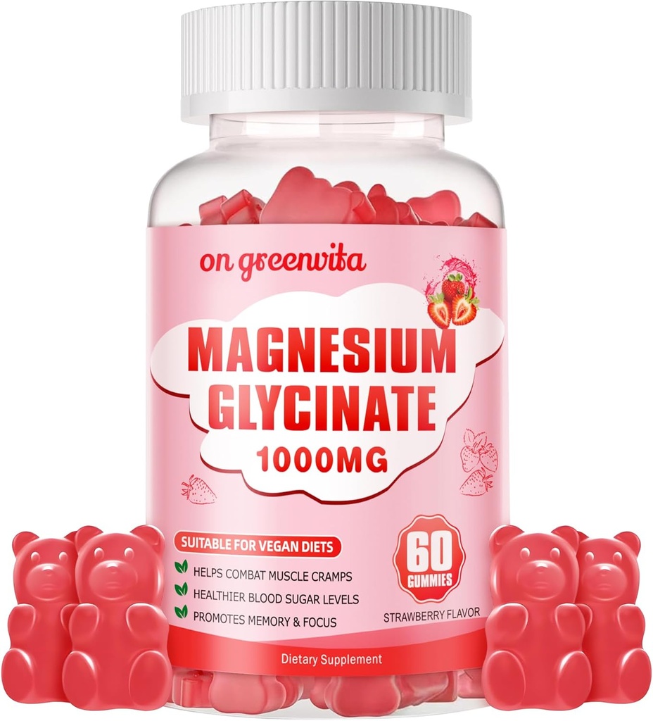 Magnezij Glycinate Gumies 1000mg - Brez sladkorja Magnezij Kalij dodatek z vitaminom D, B6, CoQ10 za mirno Mood in podporo za spanje - 60 Jagode
