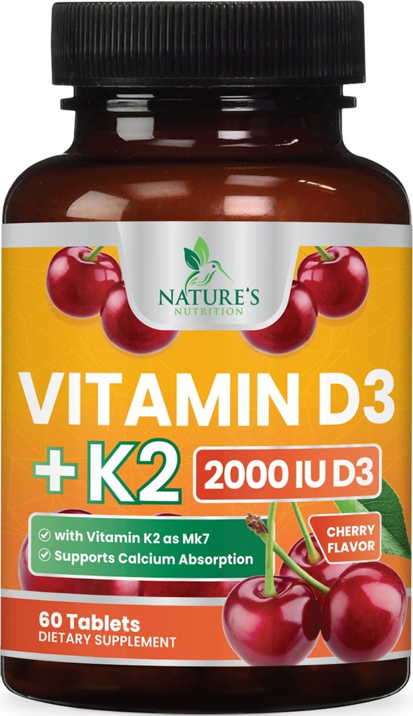 Vitamin D 2000 i.e. 50mcg na tableto - vitamini D3 & K2 (MK7) Kompleksni dodatek za kosti, zobe, mišice, absorpcijo kalcija, podpira zdravje imunskega sistema in srca, žvečljiva formula ZDA ustekleničen - 60 tablet