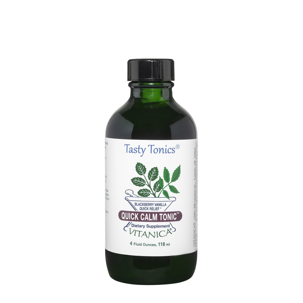 Vitanica Quick Calm Tonic - Stress Support Supplement - Zeliščni dodatek s sivko, Valerian Root, Kava Koren in Pasijonka Herb - BlackBerry Vanilla - Pro Logo - 4 Fl Oz (118 ml)