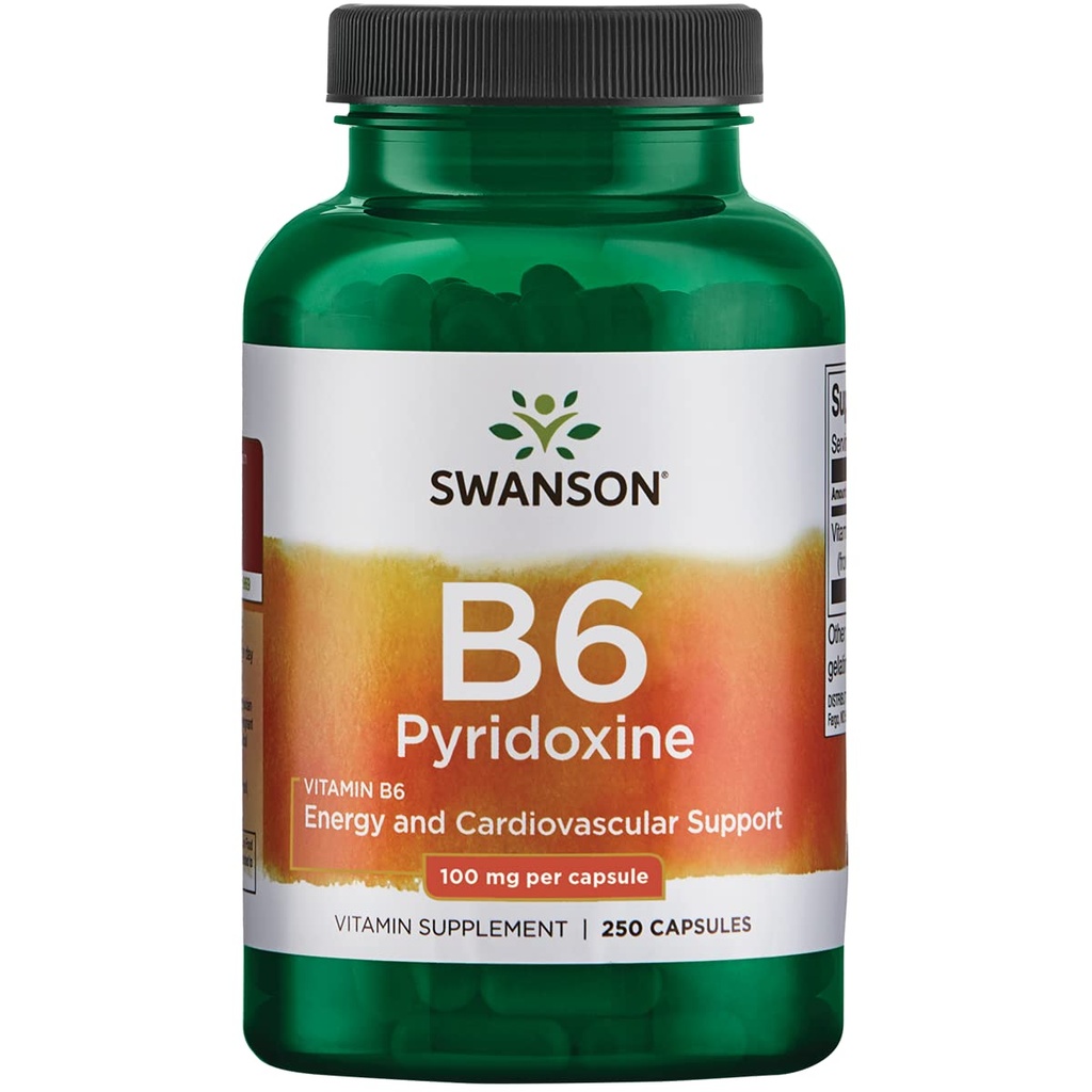 Swanson B6 Piridoksin - Vitamin dopolnilo Spodbujanje kardiovaskularnega zdravja in energije Presnova - Naravna formula Spodbujanje splošno Wellness - (250 Kapsule, 100mg vsak)