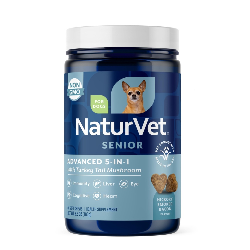 NaturVet Senior Advanced 5-in-1 Support Dog Supplement – pomaga podpirati imunski sistem, srce, jetra, kognitivne funkcije, zdravje oči – Vključuje Ginkgo Biloba, Lutein – 60 Ct.