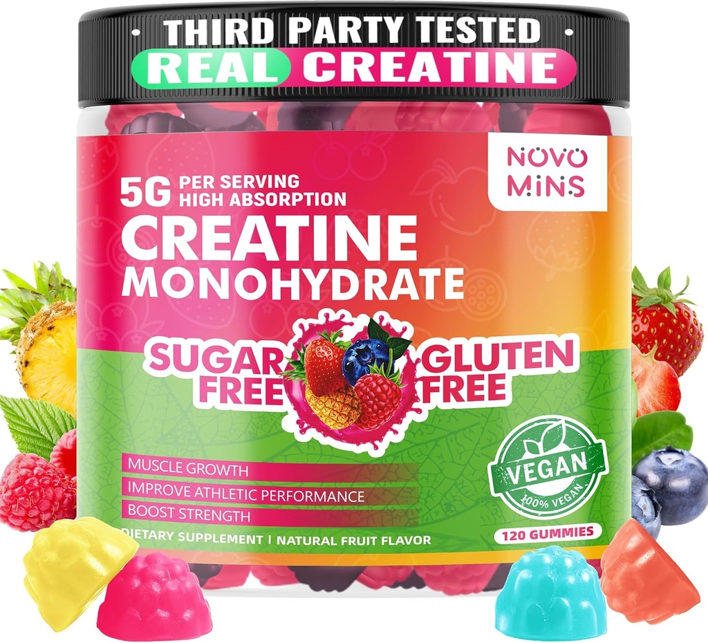 novomine Kreatin monohidrat Gumiji 5000mg za moške in ženske, Žvečilni hidrat Kreatin Monohidrat za mišično moč, mišice graditelj, energijska okrepitev, predworkout dodatek(120 Count)