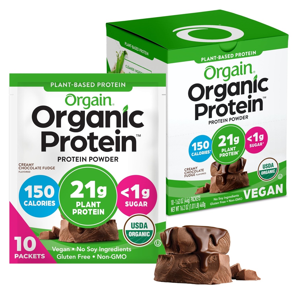 Orgain Organic Vegan Protein Powder, Kremna čokoladna pena - 21g Rastlinske beljakovine, 6g Prebiotična vlaknina, Ni ogljikovih hidratov, Brez laktoze Sestavine, Brez dodanega sladkorja, Ne-GMO, Za pretrese in napitki, 10 Potovalna pakiranja