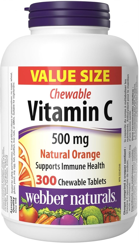 Webber Naturals Vitamin C, 300 Žvečljive oranžne tablete, 500 mg vitamina C na tableto, kosti, zobje, imunski in antioksidant podporo