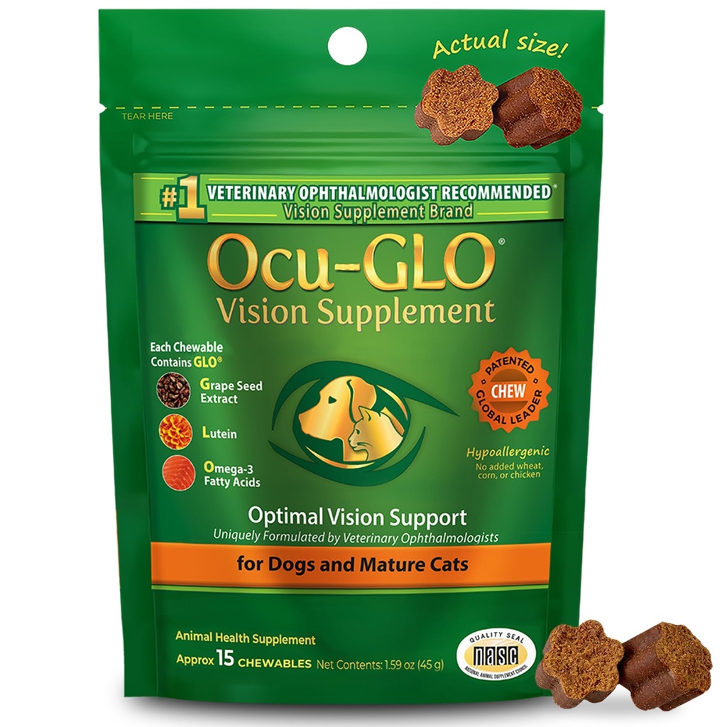 Ocu-GLO Cat & Dog Senior Supplement for Eye Support - Žvečljiva vizija Vitamini Dodatki za velike in majhne hišne ljubljenčke nego z luteinom, Omega-3 Maščobne kisline, grozdni semenski ekstrakt in antioksidanti