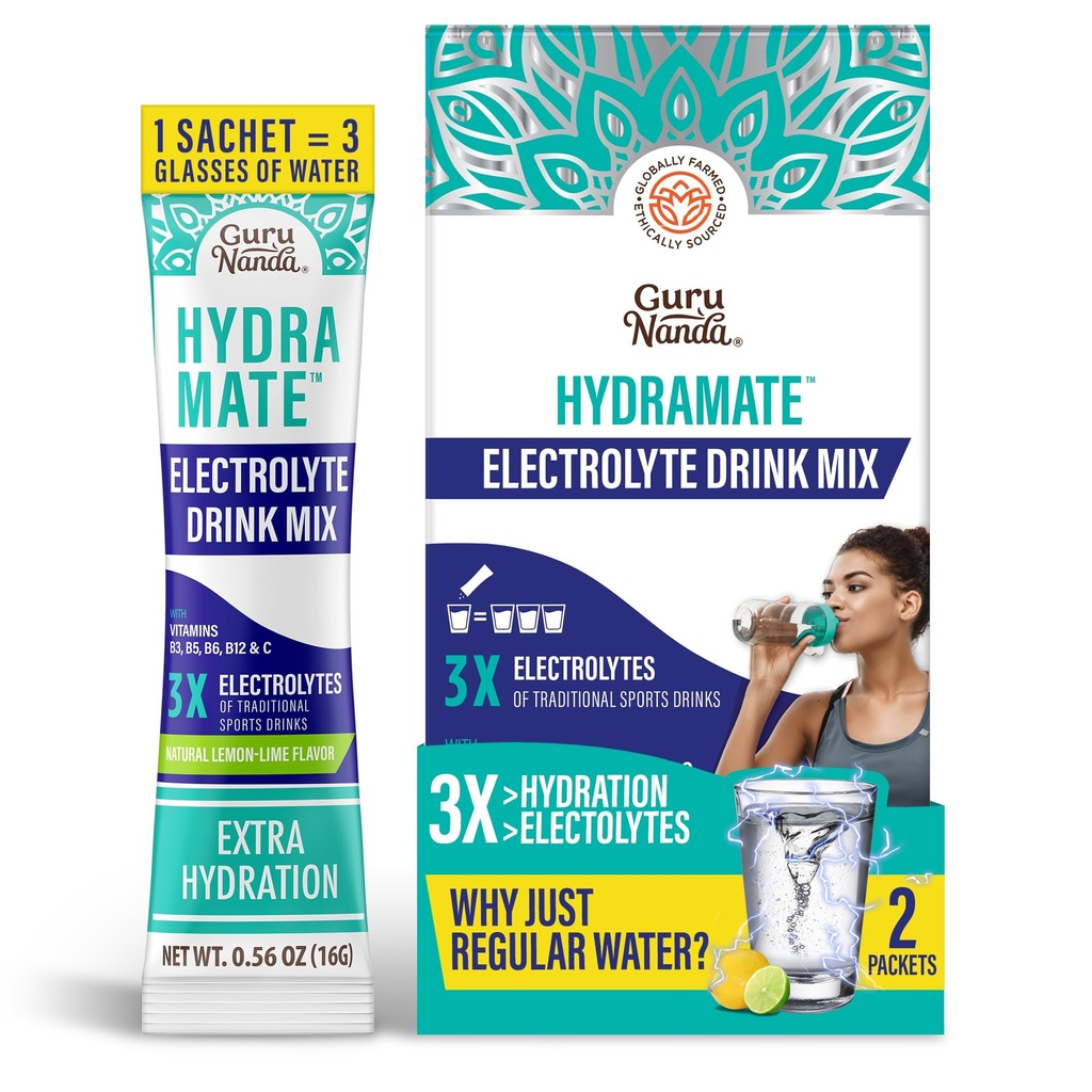 GuruNanda Hydramate Podpora Hidracija Drink Mix - Elektrolit Powder Packets za dehidracijo, vaje in energije - Brez dodanih sladil, Non-GMO, Naravni limonin limona arome - 2 Count (0,56 oz vsak)