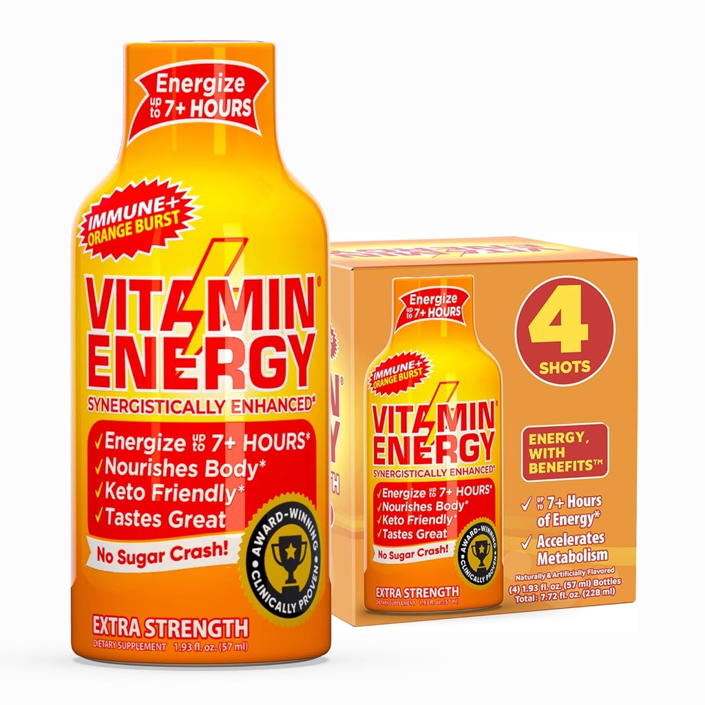 Vitamin Energy Immune+ Extra Energy Shot – Orange Burst – 100% DV B-Vitamini & 260mg Kofein – Zero Calories, Sugar-free, Vegan, – Immunity & Energy Support – 1,93 fl oz, 4-Pack