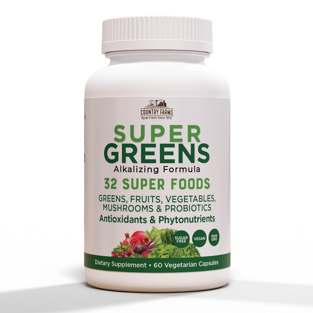 DRŽAVA FARMS Super Greens Vegicaps, 32 Super živila, celotna prehranska dopolnila, zelena, sadje, zelenjava, gobe in probiotiki, bogata z antioksidanti in fitonutrienti, 120 Število, 60 Služabniki