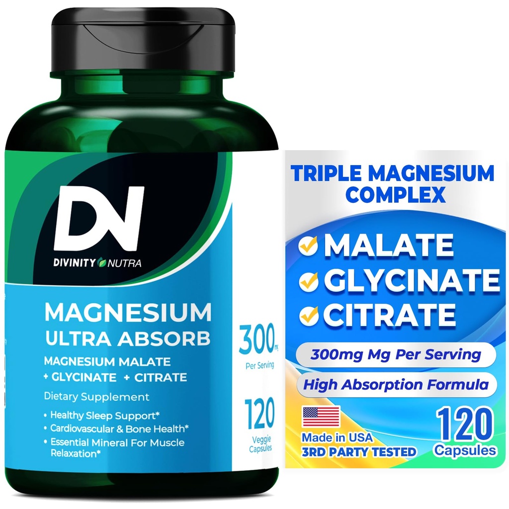 Božanstvo Nutra Triple Magnezium Complex dodatek,300mg magnezijevega glicinata, malata in citrata za mišice, živcev, in energije, visoka absorpcija, 120 Veganskih kapsul,Non-GMO ZDA Izdelan