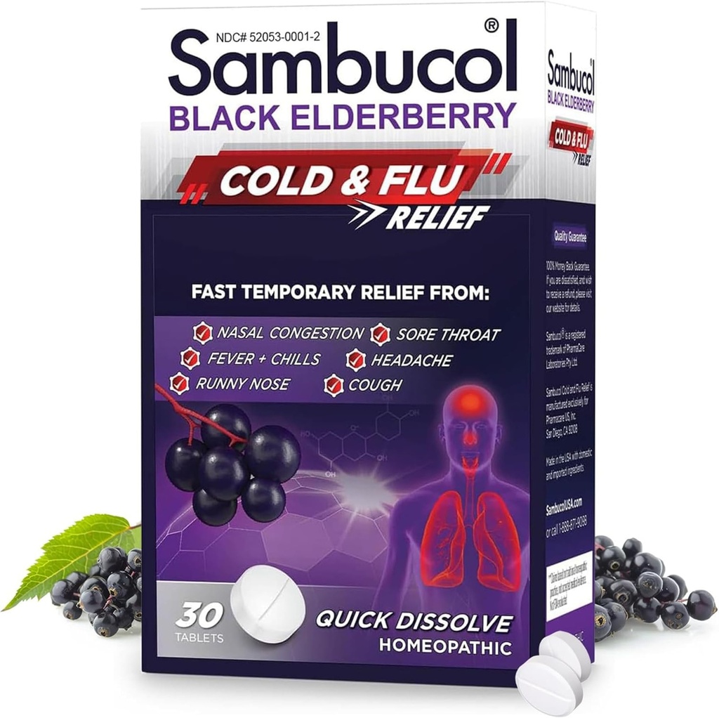 Sambucol Cold and Flu Relief Tablete - Homeopatska hladna medicina, Remedy za odrasle, Črna bezgavka za prehlade, Cink Remedy - 30 Count