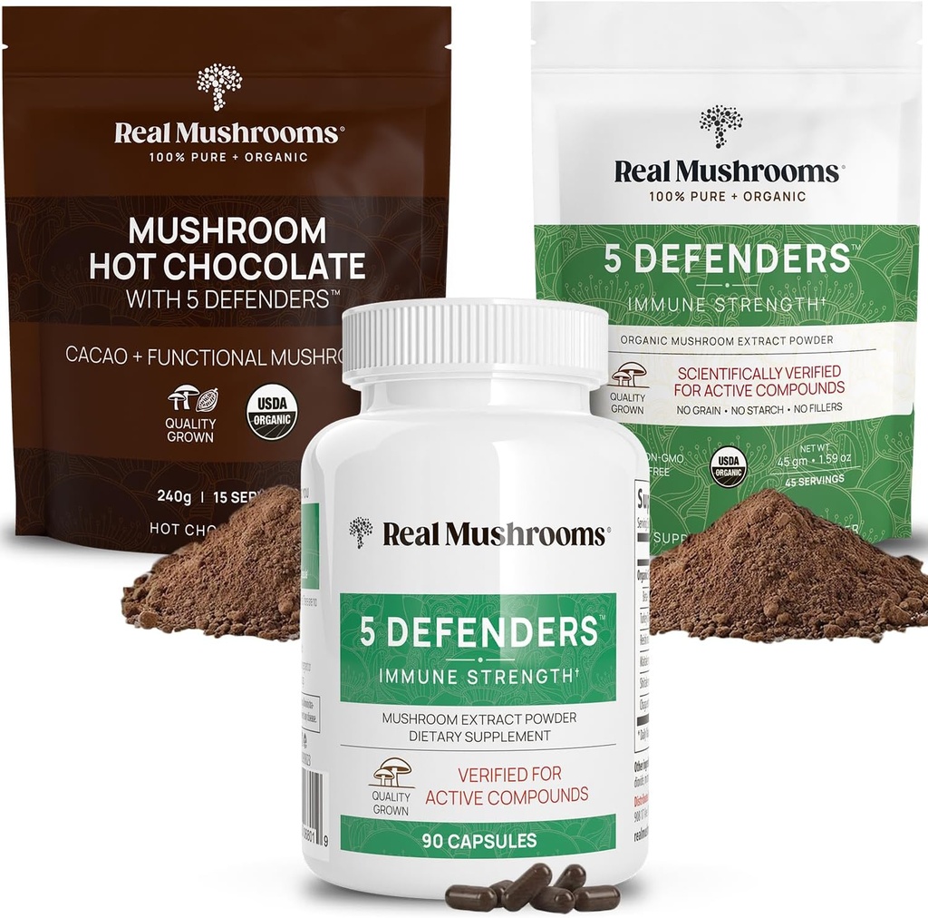Prave gobe Hot Chocolate Mix (15srv), 5 Defenders Extract Powder (45srv), & 5 Defenders Supplements (90ct) Bunde za podporo imunitete in splošno dobro počutje - Gluten-free, Non-GMO, Vegan