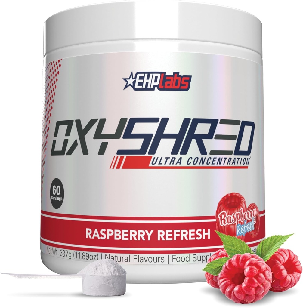 EHP Labs OxyShred Pre Workout Powder - Preworkout Powder z L Glutamin & Acetil L Karnitine, Energy Boost Drink - Raspberry Osveži, 60 Servinges