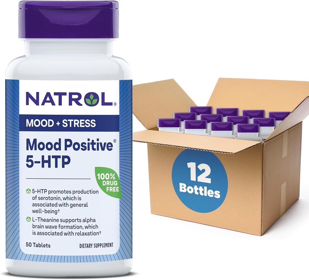Natrol Mood Positive 5-HTP 50mg z L-teanin, vitamin B6, vitamin B12 in folat, prehranska dopolnila pomaga podpreti pozitivno razpoloženje, 50 tablet, 25-50 dan dobave (Pack of 12)