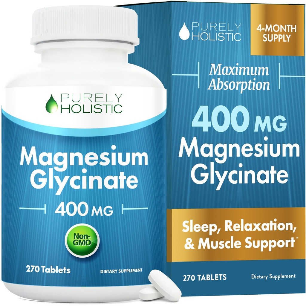 Magnezij Glicinat 400 mg - 270 Magnezijeve tablete (ne kapsule) - 400 mg Elementarni magnezij - Zelo biorazpoložljiv - Vegan in vegetarijanec - za boljši spanec, Stress Relief & Cramp obrambo