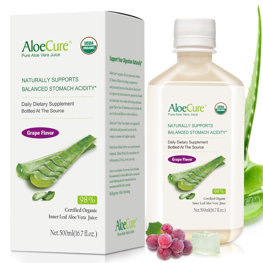 AloeCure USDA Organic Aloe Vera Juice grozdne arome, narejene v 12 urah letine - Pure Aloe Vera Digestive & Imuno Health dopolnilo, pomaga ohraniti uravnotežene želodčne kisline, 16.7oz Steklenica