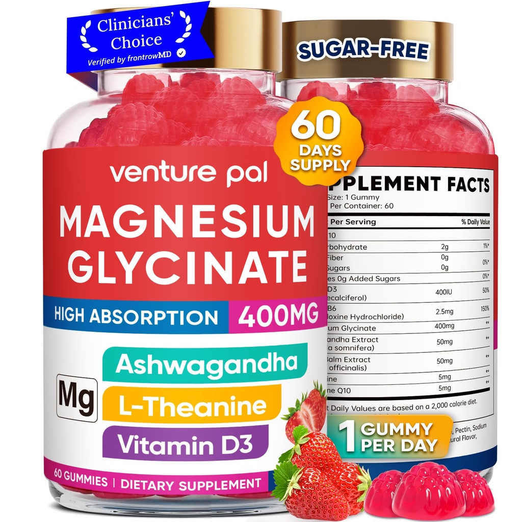60 dnevna oskrba Magnezij Glicinat 400mg Gumiji z Ashwagandha, L-teanin, CoQ10, vitamin D3 & B6, brez sladkorja Magnezij Gumiji za odrasle in otroke, Stres Relief, Sleep & Calm, Vegan, Gluten Free