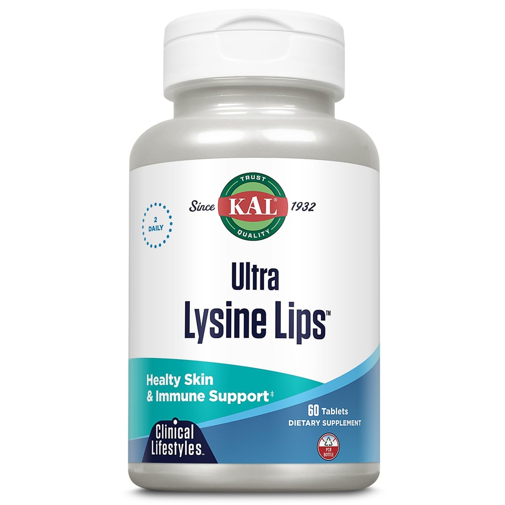 KAL Ultra Lysine Lips Supplement Tablets - 1500 mg of L-Lysine per Serving, Contains Essential Vitamin C, Red Marine Algae, & Zinc, Healthy Immune and Skin Support for Men and Women - 60 Count Tablets