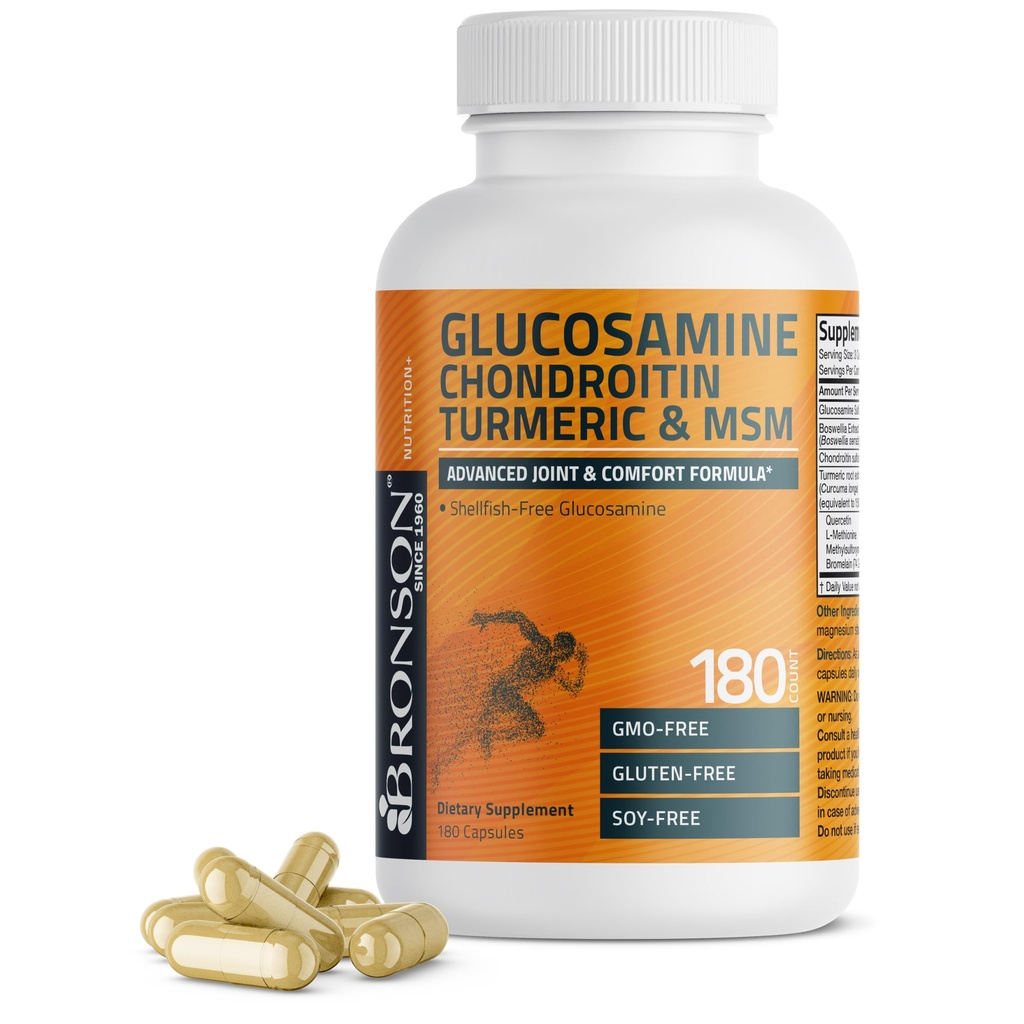 Bronson Glucosamine Chondroitin Turmeric & MSM Advanced Joint & Cartilage Formula, podpira zdrave sklepe, mobilnost in kartilažo - Non-GMO, 180 kapsul