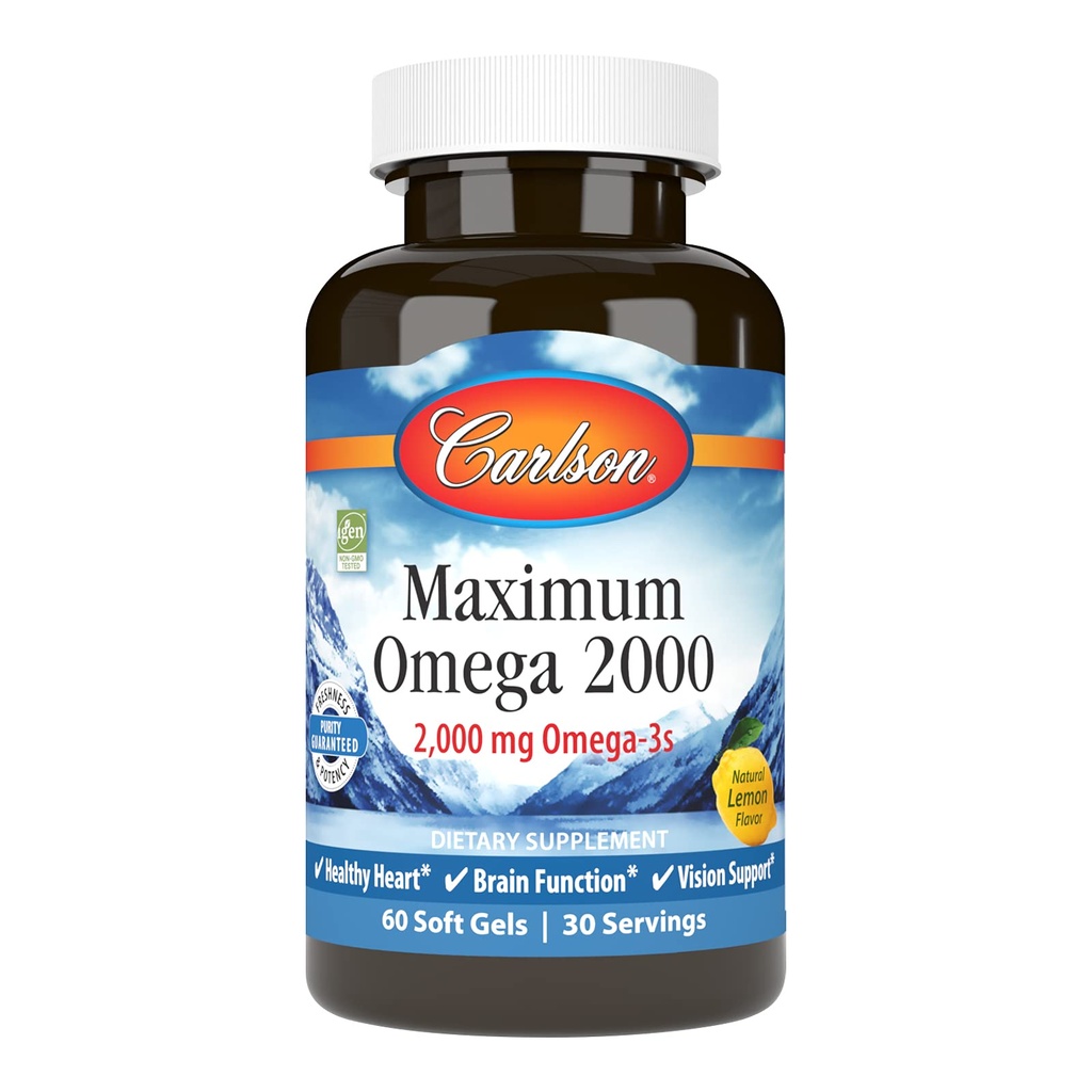 Carlson - maksimum Omega 2000, 2000 mg Omega-3 Maščobne kisline Vključno z EPA in DHA, Wild-Caught, Norveški ribje olje dodatek, Trajno pridobljene ribje olje kapsule, Lemon, 60 Softgels