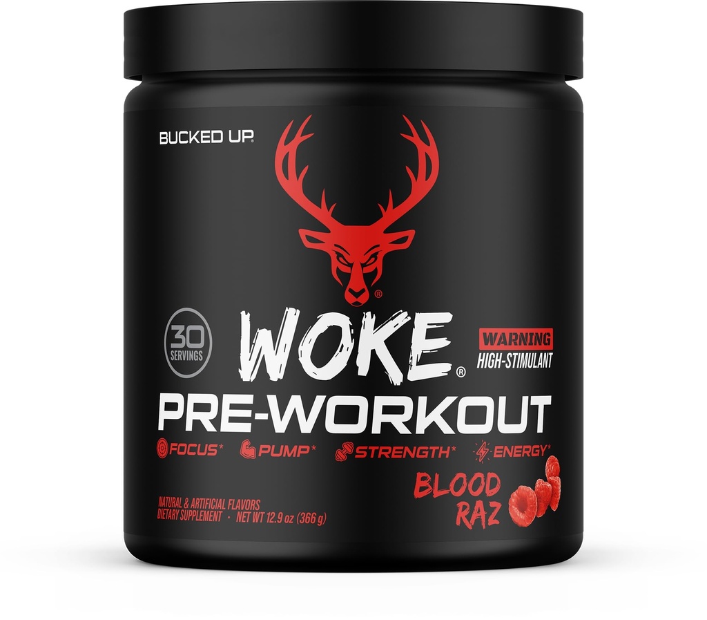 Pritrjena - Woke - VISOKA STIM Pred vadbo - Najboljši okus - Fokus Nootropic, Pump, Moč in rast, 30 Serving (Krvavi Raz)