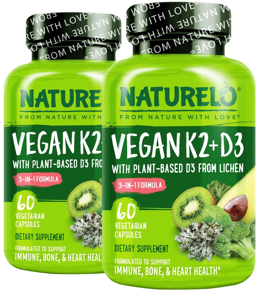 Naturelo Vitamin D3 K2 - Vegan K2+D3 z rastlinskim D3 iz Lichen - Naravni D3 dodatek za imunski sistem, podporo kosti, zdravje srca - celotna hrana - brez glutena, 60 kapsul (paket po 2)