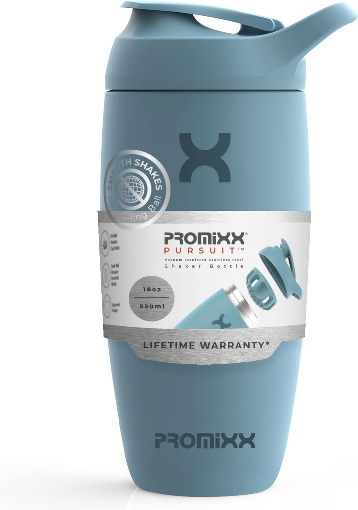 Promix Pursit Shaker steklenica izolirana Nerjaveče jeklo steklenica vode in stresalnik pokal, 18oz, Ocean Calm Blue