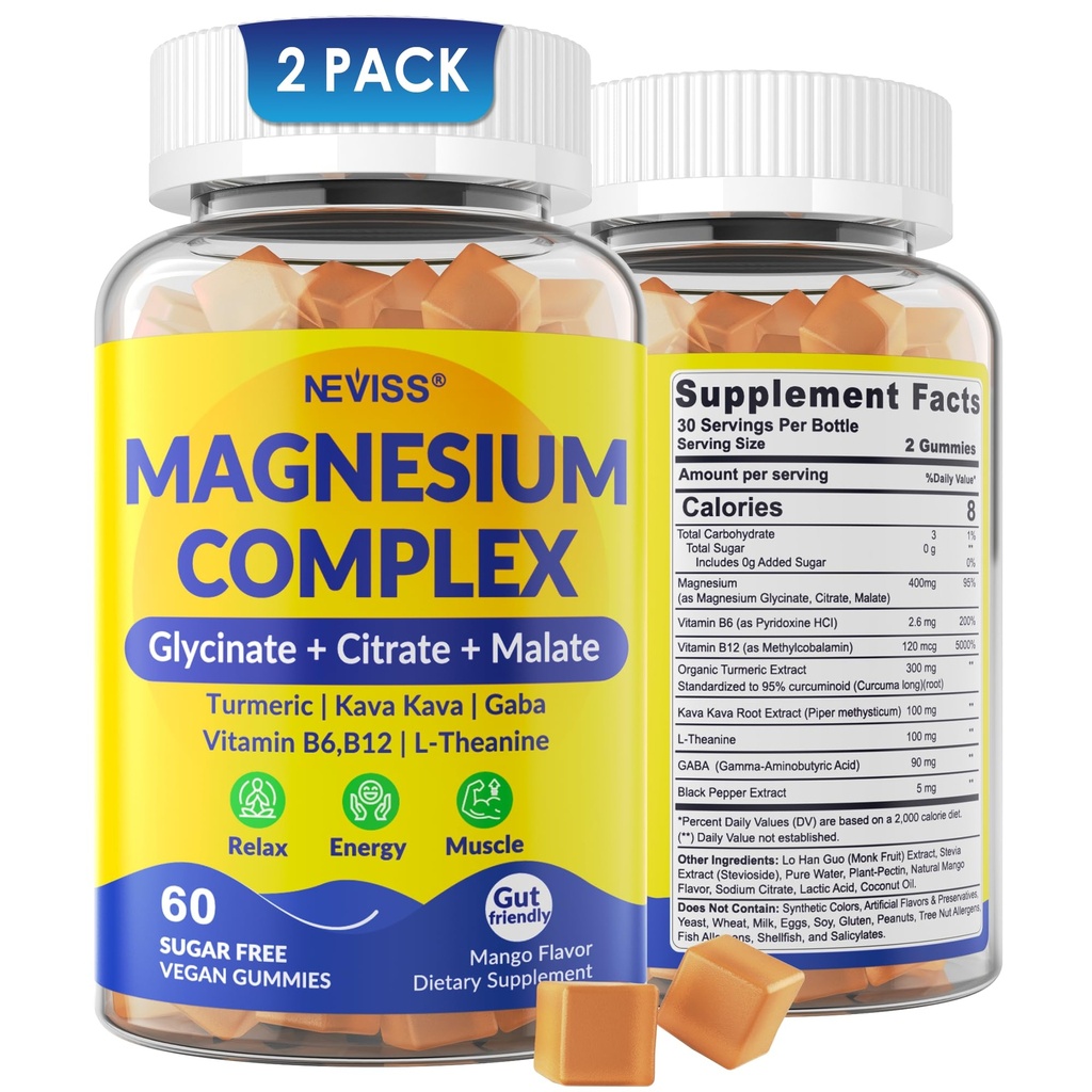 Magnezijev kompleks Gumies 400mg, Magneisum Glycinate Citrat Malate + Kurmeric, GABA, B6 B12, Kava Kava, L-teanin za spanje, miren, sprostitev, energija, Magnezijev Gumies za ženske moške, Vegan, 2 Pack