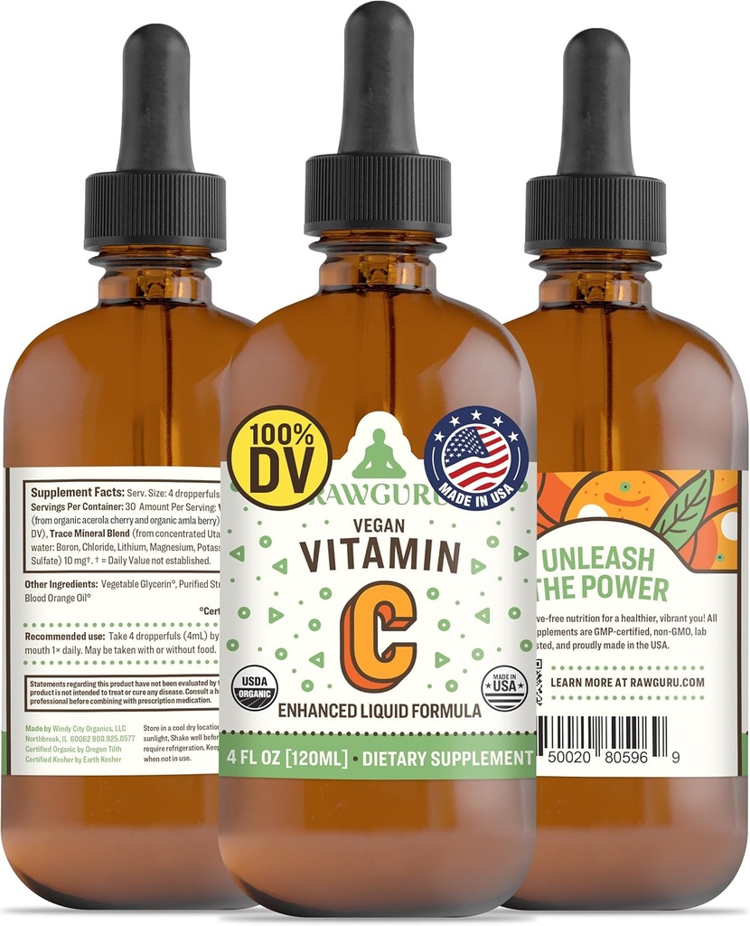 RawGuru Organic Vitamin C Tinktura - Tekoči vitamin C z minerali Trace - Nano-procesiran antioksidant & Imunska podpora dodatek Tinktura - 30 Servis veganskih kapljic na 120 ml, Pakiranje po 1