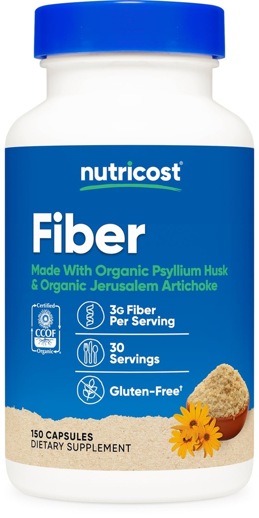 Nutricost Fiber Kapsule s prebiotično Fiber dodatek 150 Kapsule - COF Certified dodatek, izdelan z organskim Psyllium Husk & Organic Jerusalem Artichoke, Gluten Free, 3 G na servis