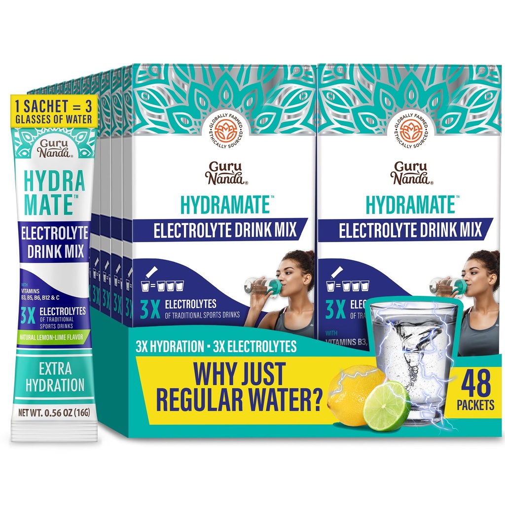 GuruNanda Hydramate Podpora Hidracija Drink Mix - Elektrolit Powder Packets za dehidracijo, vaje in energije - Brez dodanih sladil, Non-GMO, Naravni limonin limonin arome - 48 Število (0,56 oz Vsak)