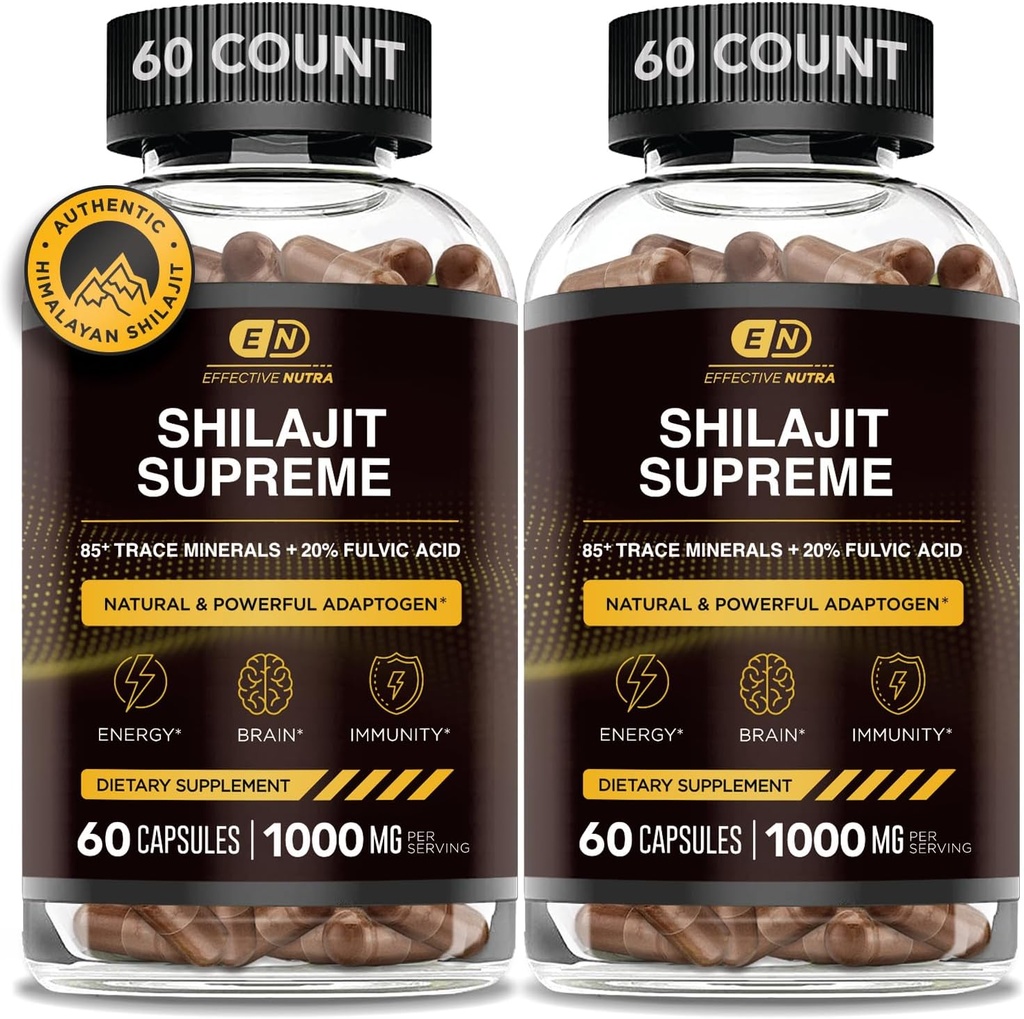 UČINKOVITE NUTRA Pure Shilajit Kapsule za moške in ženske - Čisti himalajski Shilajit za moške in ženske - Visoko v sledovih minerali in fulvična kislina - 10000mg avtentičnega Shilajit ekstrakta na strežbo (120 grof)