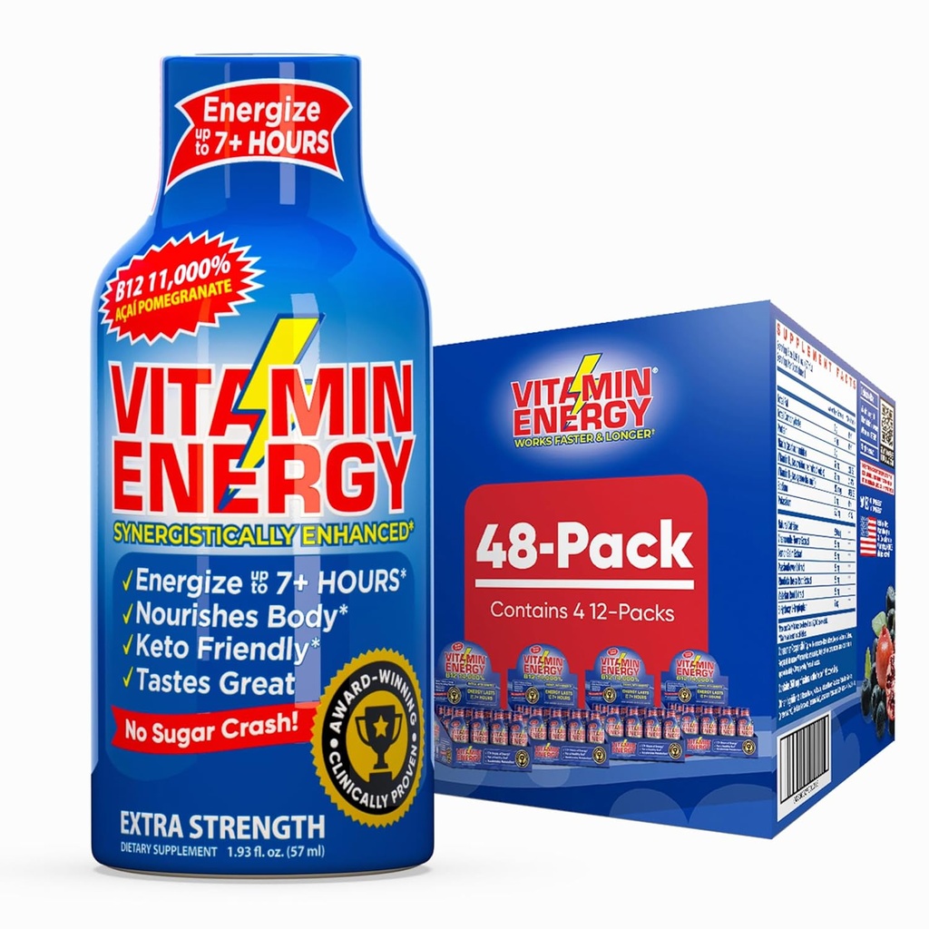 Vitamin Energija B12 11.000% Dodatna moč Energija Shot Açaí Pomegranate 48 Pack, 260mg Naravni kofein, B12 & B6, Nootropni fokus, Vitalnost, Nič sladkorja, Gluten-free, Vegan, Košir, 1,93 fl oz
