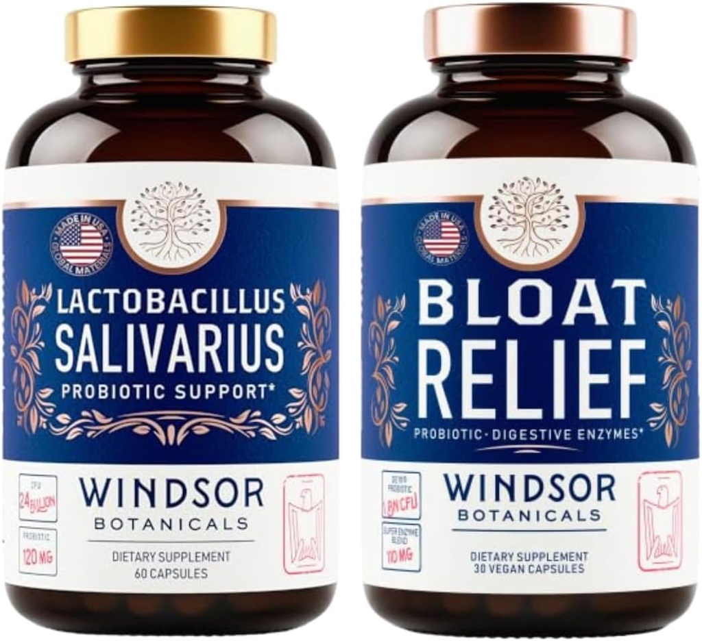 WINDSOR BOTANIKALNA BLOAT Relief in Lactobacillus Salivarius Probiotične kapsule - peroralna in IBS podpora paket