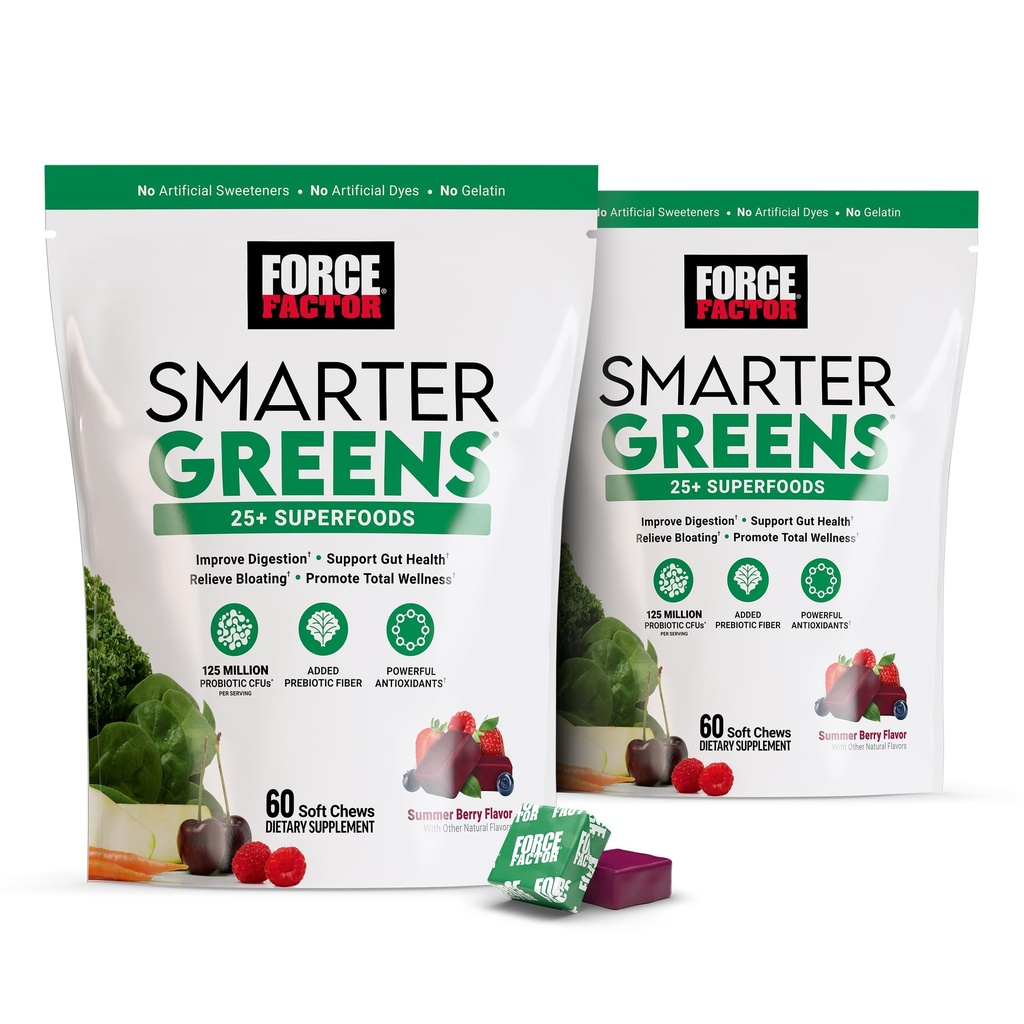 FORCE FACTOR Smarter Greens Superfood Chews, 2-pack, Greens in Superfoods s probiotiki, antioksidanti, in Fiber, Greens dodatek za podporo digestion, dušikov oksid, in energije, 120 Soft Chews