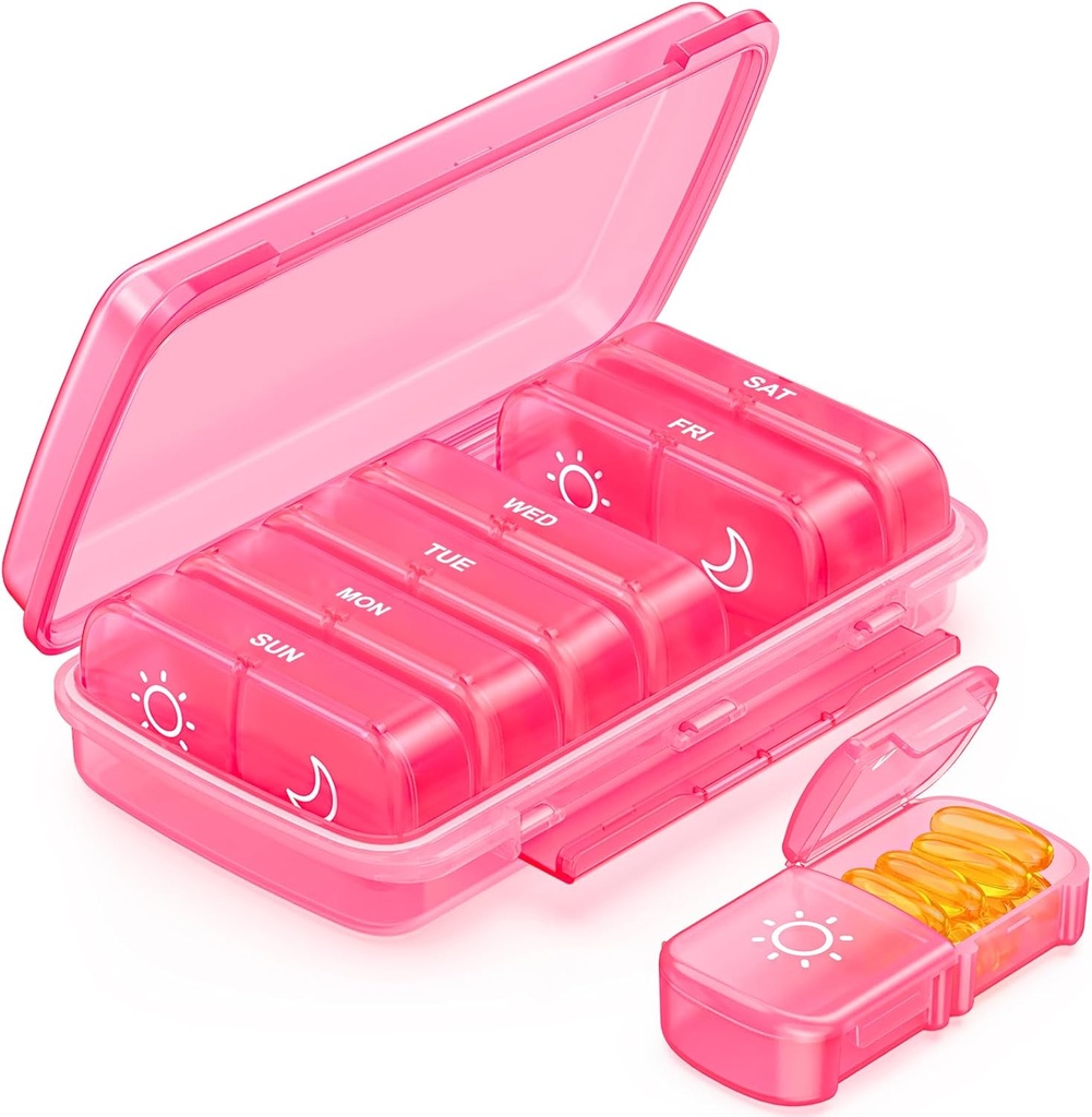 Tedenske tablete Organizator 2 krat na dan z odpornostjo proti vlagi, Pink AM PM tablete Box 7 dan za enostavno polnjenje, Prenosne tablete primeru za potovanje, velike tablete imetnik za vitamine, ribje olje, dodatek