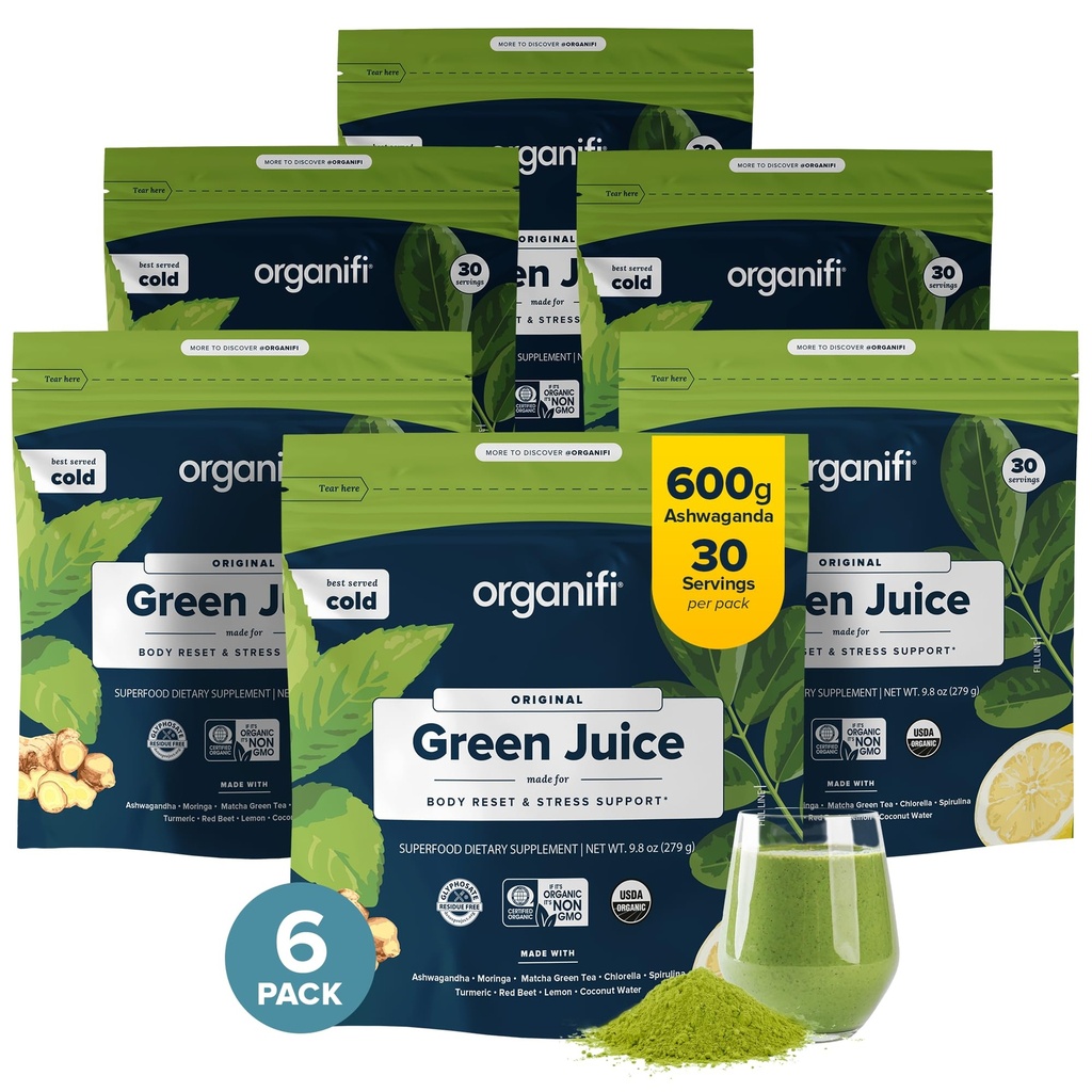 Organifi Green Juice - Powder Supplement with Organic Spirulina, Ashwagandha, and Chlorella - Helps Achieve Fitness Goals and Reduce Cortisol Levels - 6 Pack