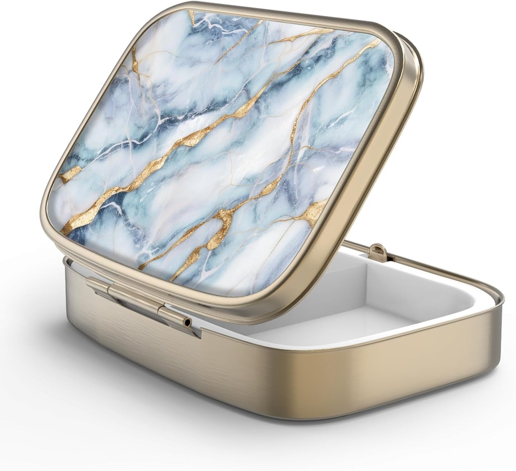 Škatla tablete tablete z Mirror Retro 2 Predel majhne tablete Zabojnik za torbico ali žep bronaste pravokotne tablete ali vitamini, ribje olje, dodatki, tablete vsebuje potovalna darila (bela modra marble)
