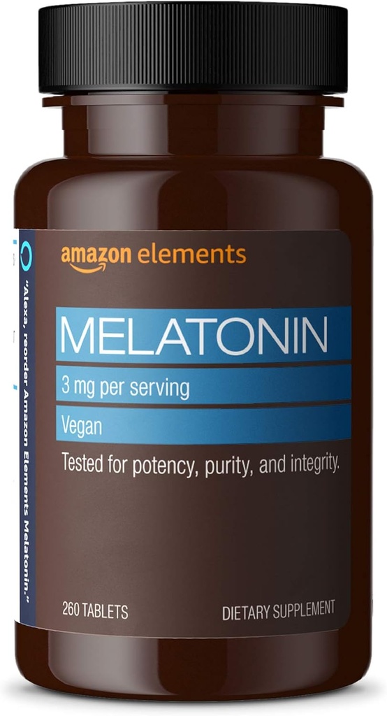 Elementi Melatonin 3mg, Pomaga pri občasnih nespečnosti, Vegan, Nearomatizirana, 260 Tablete, 8 mesecev dobave (Packaging se lahko razlikuje)