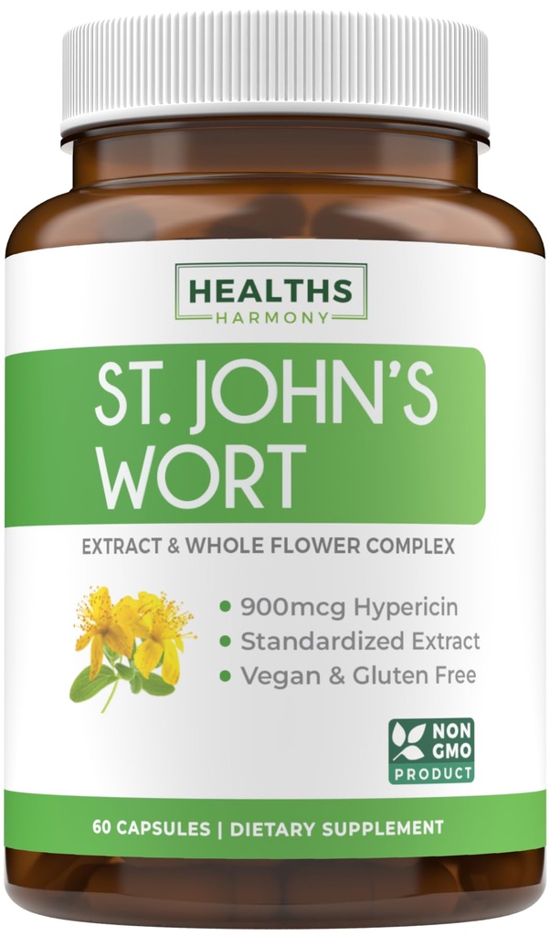 Kapsule St. John's Wort - močan in močan izvleček Saint John's Wort & Cel Herb Complex Standardiziran na 900mcg hipericin za uravnoteženje dnevno podporo razpoloženja - Vegan ne-GMO & Lab preverjen (60 Caps)