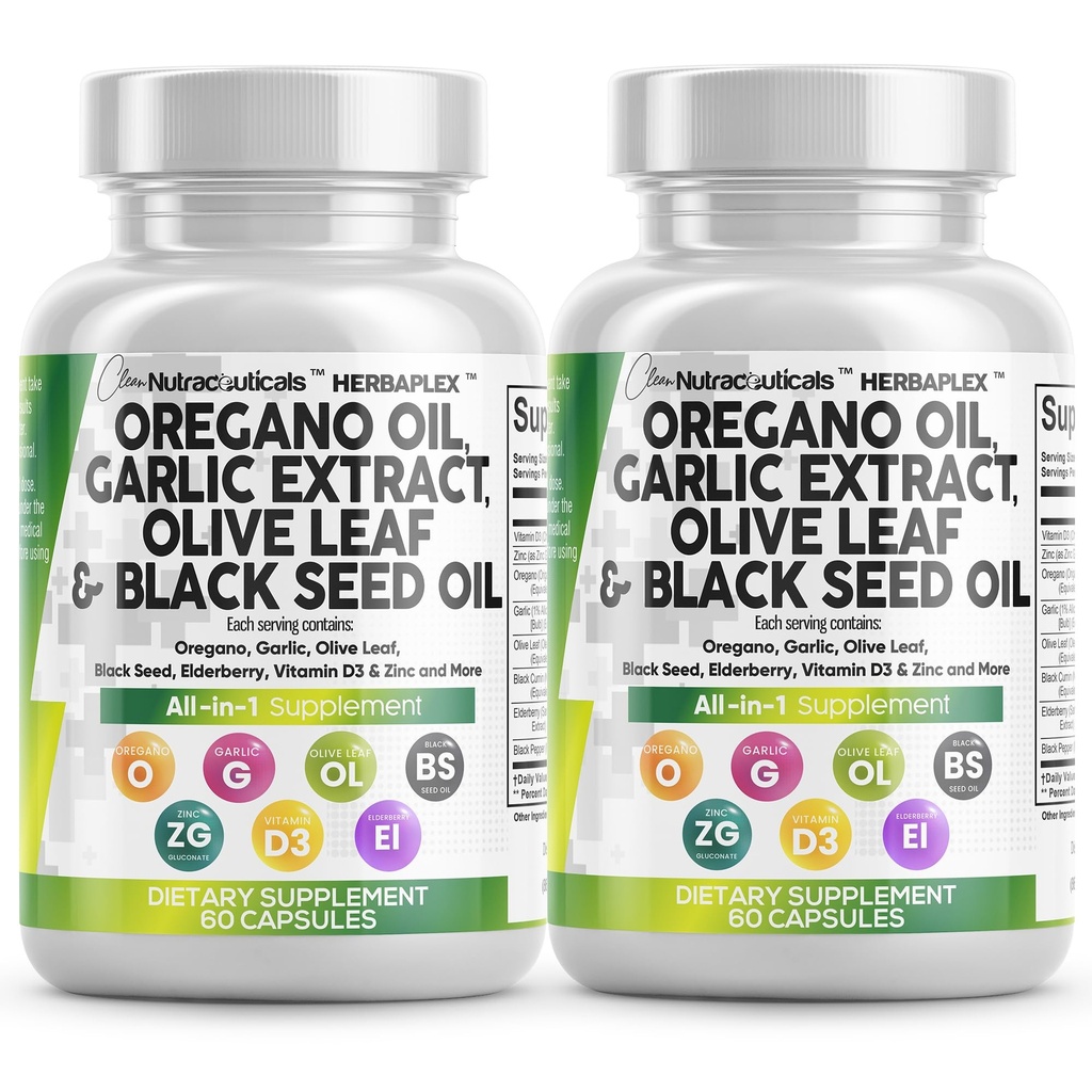 Čista nutraceutika Origano Oil Česen Extract Olive Leaf črno Seme Oil - Imunska podpora & Prebavne zdravstvene dopolnilo za ženske in moške z vitaminom D3 & cink - 2Pack