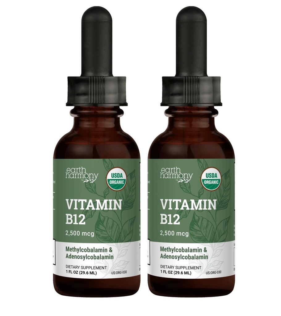 USDA Ekološki vitamin B12 2000mcg Podjezični tekoči dodatek (2-Pack) - Veganske metilkobalamin kapljice za naravno energijo, vzdrževanje presnove in podporo imunskega sistema - 1 Fl Oz
