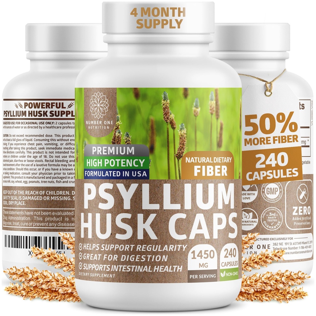 N1N Premium Psyllium Husk Kapsule [All Natural,1450 MG] Močan topljive vlaknine dodatek za podporo regularnosti in prebavnega zdravja, 240 Caps