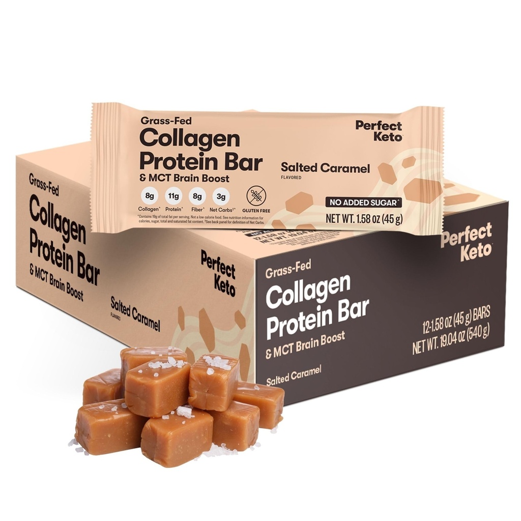 Perfect Keto Bars - Najčistejši Keto prigrizki z Colagen in MCT. Brez dodanega sladkorja, keto prehrana prijazno - 3g neto ogljikovih hidratov, 19g maščobe,11g beljakovine - dietna hrana sladica (Salted Caramel, 12 Barov)