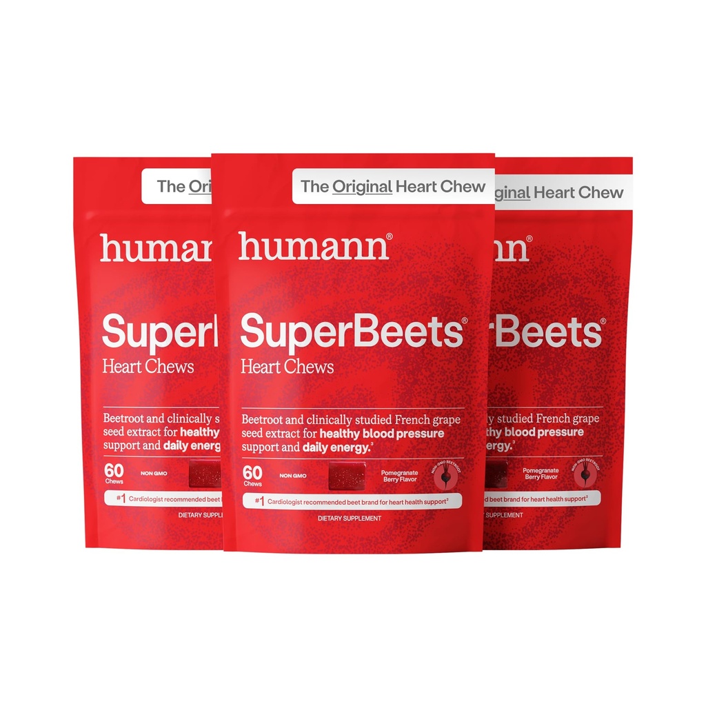 HumanN SuperBeets Heart Chews, dušikov oksid in podpora krvnemu tlaku, izvleček grozdnih semen in ne-GMO pese koren prahu energije, Granatna Berry Flavor, 180 Število