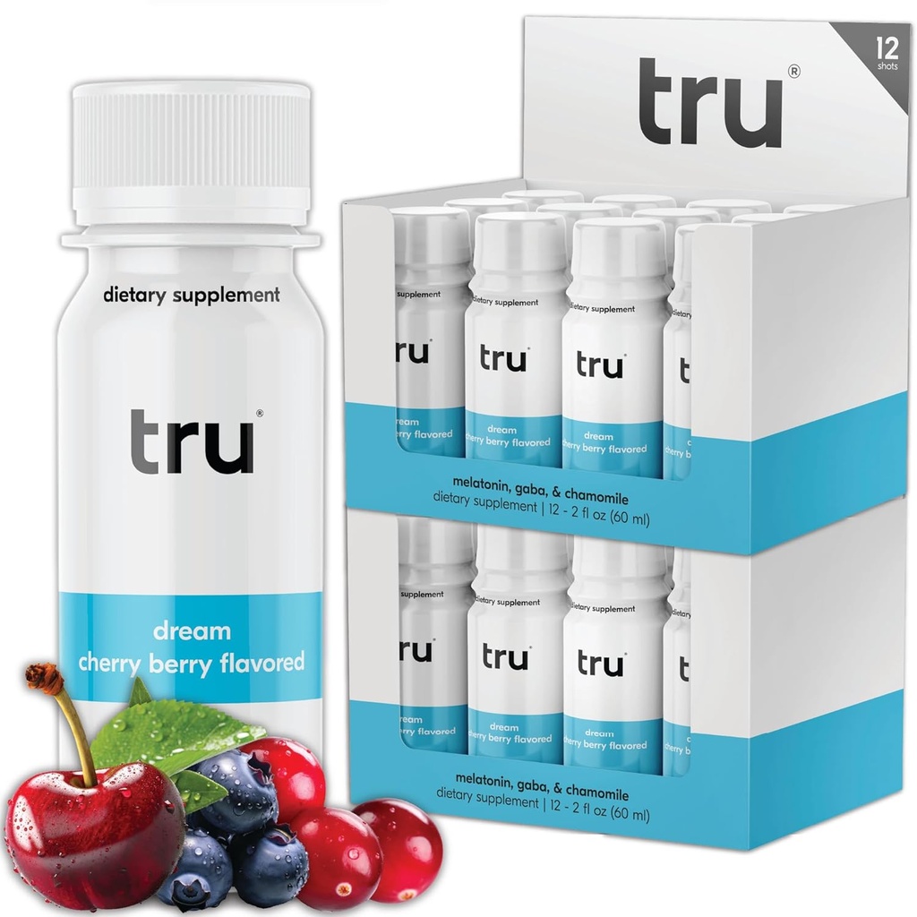 Shot Tru Dream, Cherry Berry Armored Deep Sleep Aid Shots - Nič sladkorja miren spanec pijača plus Melatonin, GABA, Kamilica - Kofein Free, GF, Keto, Naravni okusi, Veganski dodatek, 2oz (Pack of 24)