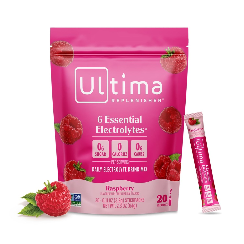 Ultima Replenisher Daily Electrolyte Powder Drink Mix – Sugar Free – Raspberry, 20 Lepila – Hydration Packets s 6 Key Elektrolitis in Trace Minerals – Keto Friendly, Vegan, Non-GMO